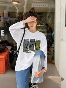 Women's Fashion Autumn/Winter Loose Versatile Bicycle Letter Print Long Sleeve T-Shirt Casual - White - View 4