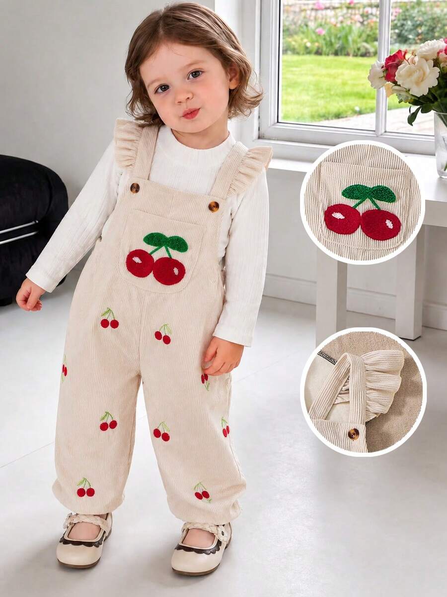 Baby Girl Autumn/Winter Corduroy Overalls Beige Cherry Embroidery Jumpsuit Cute 1pc - Apricot - View 1