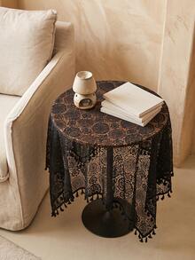 1pc Black Geometric Hollow Lace Tablecloth, French Vintage Style Lace Fabric Material, Round Tassel Edge And Exquisite Hollow Floral Pattern Detail Decoration, Beautification And Dust-Proof Function, Suitable For Daily Home And Vintage Dining Table Arrangement - Black - View 7