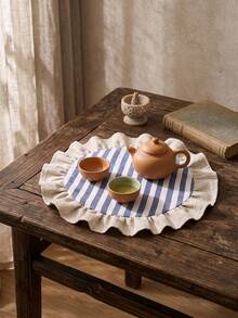 1/2/4/6/12pcs Blue & White Striped Round Placemats, Fresh Natural Style, Fabric Material, Beige Ruffle Edge Detail, Stain-Resistant Tabletop Protection And Decorative Function, Suitable For Daily Tea & Natural Home Decor - Blue - View 4