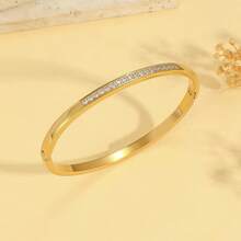 1/3pcs Luxury 18K Gold Plated Stainless Steel Bracelet Set For Women, Light Blue Evil Eye & Geometric Pave Zirconia Open Bangle - Gold - View 3