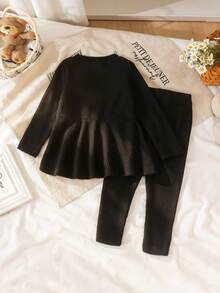 2pcs Baby Girl Minimalist Casual Solid Color Round Neck Ruffle Hem Long Sleeve Top And Slim Fit Long Pants Set, Spring/Autumn - Black - View 3