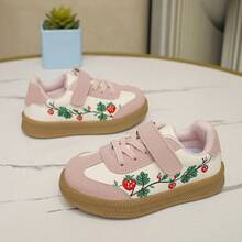 Girls' Pink And White Colorblock Training Shoes, Strawberry Embroidery Hook And Loop Retro Rubber Sole Casual Sneakers - Pink - View 16
