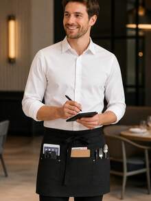 1pc 5-Pocket Server Apron - Rivet Button Unisex Short/Half-Waist Apron, Suitable For Coffee Shop, Restaurant, Kitchen And Home Use - Multicolor - View 5