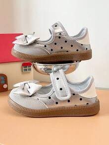 Girls Polka Dot Bow Ballet Shoes Hook & Loop Soft Sole Anti-Collision Toddler Shoes - Silver - View 1