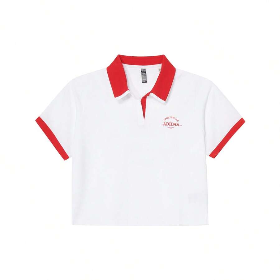 Adidas Áo thun nữ dệt kim cổ polo tay ngắn dáng ngắn thời trang thường ngày mùa xuân/hè JC8685 - Trắng/Đỏ nhạt - Xem 1