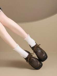 10cm Ultra High Heel Brown Thick Sole British Style Lace-Up Mary Jane Loafers, Height-Increasing Chunky Heel Shoes For Petite Women - Brown - View 6