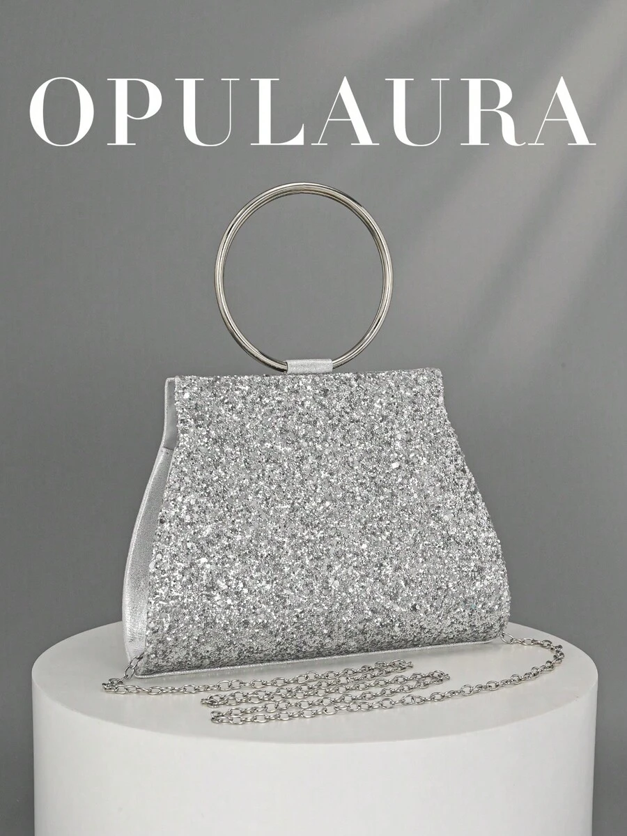 OpulAura 女士时尚闪亮水晶钻晚宴手拿包,奢华闪亮斑马图案派对手提包,适合舞会礼服、派对、庆典、生日庆典、新娘配饰 - 銀色 - 查看 1