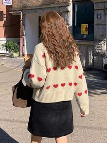 Women's Autumn/Winter Heart Jacquard Casual Crew Neck Slouchy Sweater - Apricot - View 8