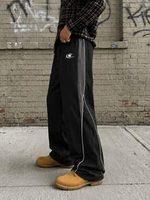 Men's Draped Wide Leg Casual Sports Pants With Adjustable Drawstring Waist And Side Contrast Stripe Decor, Pair With Functional Hooded Jacket For Travel, Training And Daily Wear, Slimming Versatile All-Match Long Pants - Black - View 3