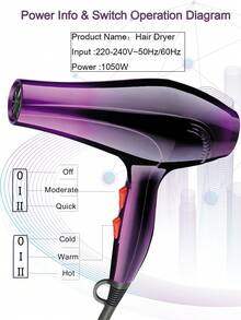1pc Professional High Power Hair Dryer, Switchable Cold/Hot Air, 3 Adjustable Speed Settings, Equipped With Concentrator Nozzle And Diffuser, High Wind Speed High Rotation High Power, Suitable For Home And Professional Salon Use (Switch Color Based On Final Actual Photo) - Purple - View 3