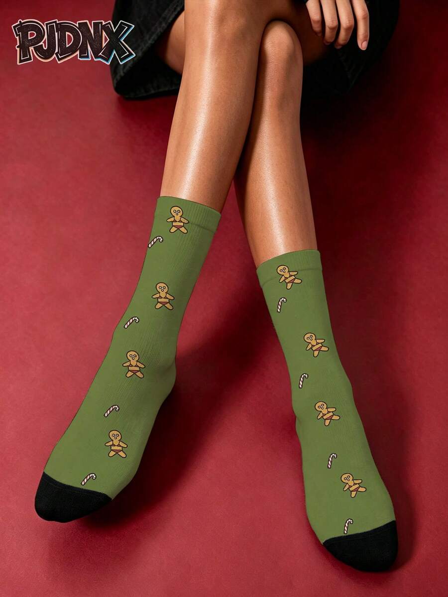 phantombear 1 Pair Army Green Bottom Funny Bikini Gingerbread Man Candy Cane Print Mid-Calf Socks For Women, Quirky Christmas Style Socks (Print Position Random) - Multicolor - View 1