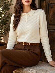 DONICY Women's Cream Polo Collar Diagonal Hollow Half Button Cropped Knit Top, Long Sleeve Textured Sweater For Spring Fall Daily Wear - Apricot - View 9