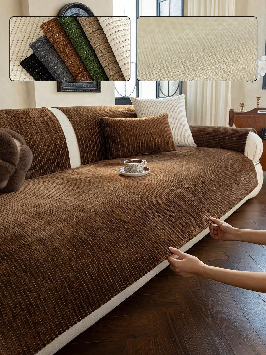 1pc Solid Color Classic Minimalist Striped Sofa Cushion, All-Season Anti-Slip Breathable Machine Washable Pet-Friendly, Suitable For Living Room, Bedroom 1/2/3/4 Combination Sofa Home Decor Protection - Coffee Brown - View 1