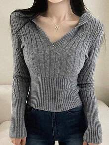 Korean Style Elegant V-Neck Hooded Cable Knit Sweater Long Sleeve Slimming Waist Tops - Grey - View 7