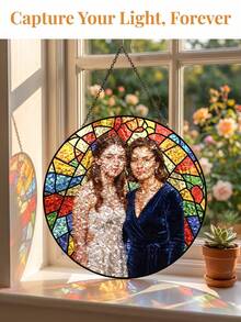1pc Custom Photo Stained Glass Style Hanging Plaque, Personalized Family Portrait Round Window Hanging Ornament,Unique Keepsake Souvenir Gift For Mother's Day, Family Reunion, Birthday, Holiday Present - Multicolor - View 5