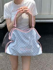 Embroidered Polka Dot Tote Bag, Y2K Sweet Cool Style, Large Capacity Shoulder Bag For Commuting, No Pendant, No Pendant - Grey - View 2