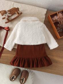 2pcs Baby Girl Vintage Forest Sweet Style 3D Bow Beige Fuzzy Jacket & Sleeveless Mermaid Dress Set, Autumn/Winter - Beige - View 3