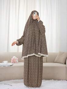 Women's Floral Lace Trim Prayer Abaya Set, Loose Hooded Jilbab With Long Skirt, Muslim Islamic Style Modest Daily Wear - Multicolor - View 4
