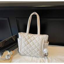 Black Minimalist Quilted Tote Shoulder Bag, Multi-Compartment Side Pocket Design, Lightweight And Soft, Fits Books And Laptop, Suitable For Students, Commuting, Travel, Camping, Casual, Shopping, Fashion Accessory, Travel Backpack Supplies, Backpack Accessories - Multicolor - View 7