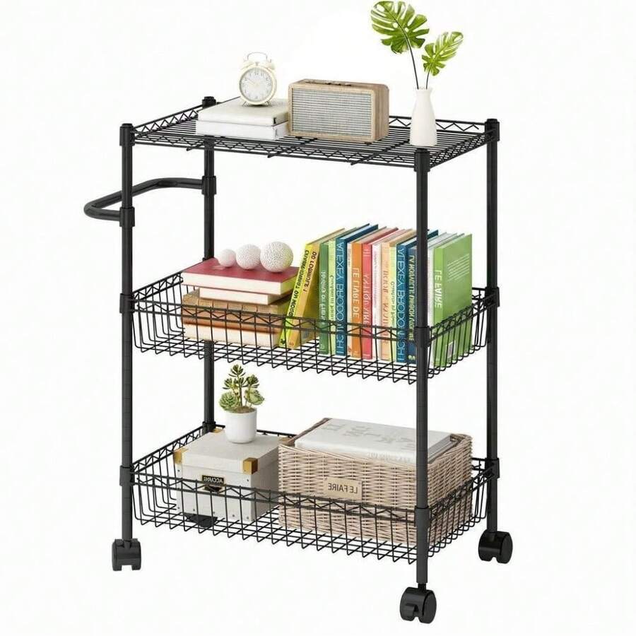 Danolapsi 3 Tier Rolling Cart,Metal Utility Storage Cart,Rolling Utility Cart With Wheels,Craft Cart With Handle,Mesh Basket,Trolley Organizer For Kitchen Living Room Office Garage Dorm - Black - View 1