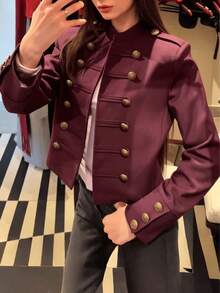 Burgundy Napoleon Style Short Jacket, Stand Collar Gold Button Military Officer Style Waist-Cinching Blazer - Burgundy - View 6
