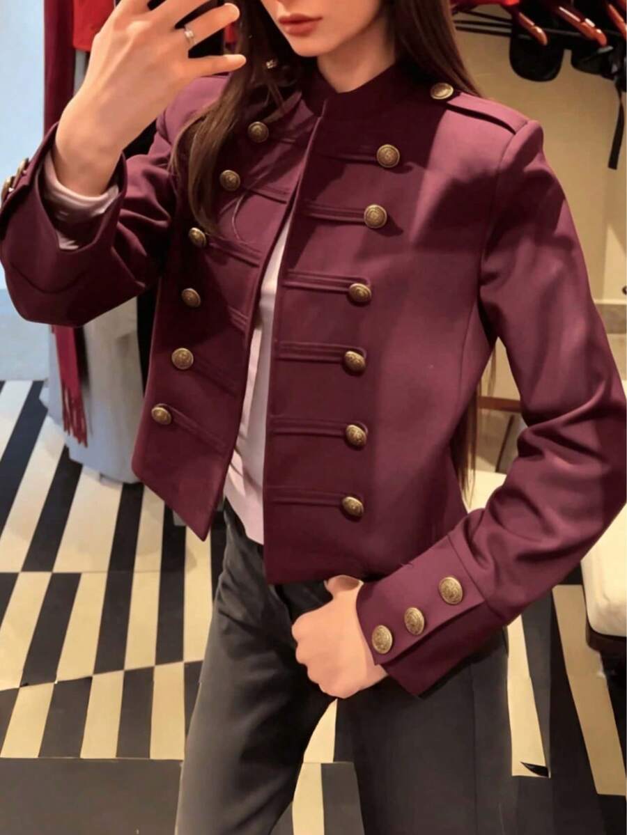 Burgundy Napoleon Style Short Jacket, Stand Collar Gold Button Military Officer Style Waist-Cinching Blazer - Burgundy - View 1
