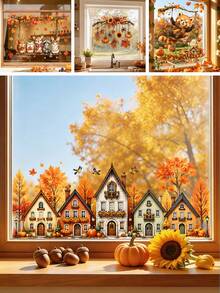 1PC Fall Autumn Village Static Window Stickers, Cute Harvest Houses Maple Leaf Pumpkin Acorn Flying Birds Decal, Static Cling No Glue Easy Removable, For Glass Window, Door, Shop Window, Home Thanksgiving Decor - Multicolor - View 1