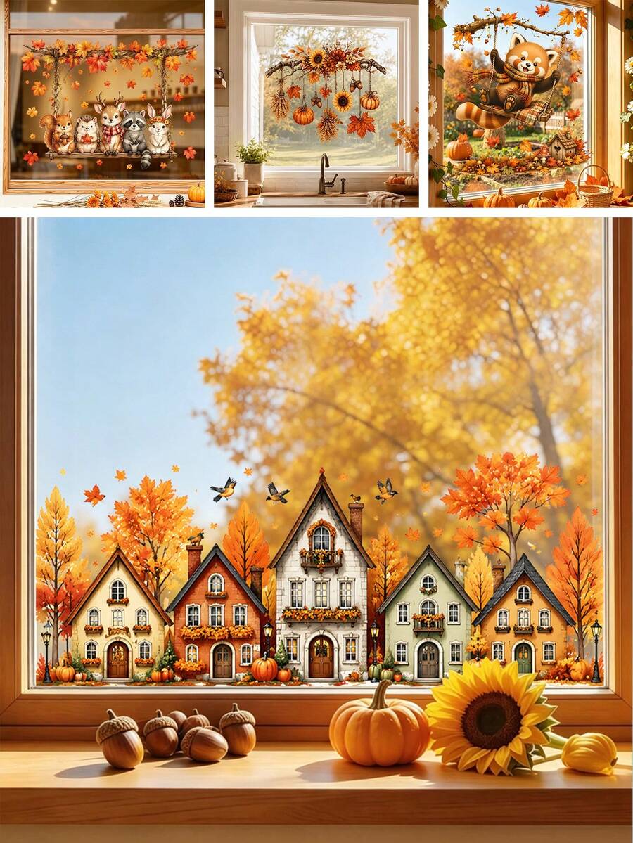 1PC Fall Autumn Village Static Window Stickers, Cute Harvest Houses Maple Leaf Pumpkin Acorn Flying Birds Decal, Static Cling No Glue Easy Removable, For Glass Window, Door, Shop Window, Home Thanksgiving Decor - Multicolor - View 1