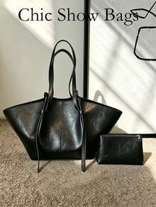 Dedoo Women Soft PU Trapezoid Tote Bag,Solid Color Minimalist Tie Design,Large Capacity Commuter Shoulder Bag,Suitable For Daily Office,Spring/Summer - Black - View 2