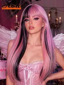 26 Inch Pink Frame High Gloss Long Straight Synthetic Wig With Bangs, Heat Resistant, Natural, Soft And Silky, Lightweight, Fashionable Y2K Style, Suitable For Women's Daily Wear, Dates, Parties, Cosplay, Photography, Travel And Vacation, The Perfect Gift For Her - Multicolor - View 2