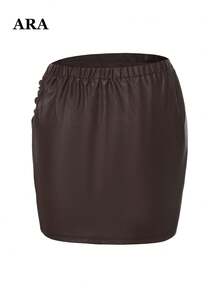 ARA CHIC Women Fall Brown Faux Leather Mini Skirt, Back Elastic Waist Invisible Zipper Bodycon Short Skirt For Club Going‑Out Daily - Coffee Brown - View 8