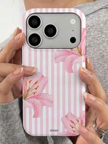 可愛春季花卉蝴蝶結貝殼圖案手機殼，適用於 iPhone 17 Pro Max 16 15 14 13 12 11 Pro Max，甜美花朵防震軟背殼 - 粉百合條紋 - 查看 1