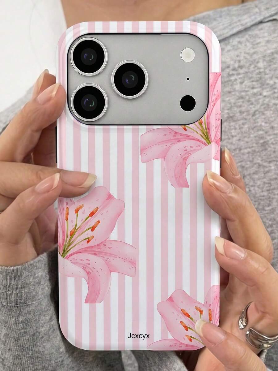 可愛春季花卉蝴蝶結貝殼圖案手機殼，適用於 iPhone 17 Pro Max 16 15 14 13 12 11 Pro Max，甜美花朵防震軟背殼 - 粉百合條紋 - 查看 1