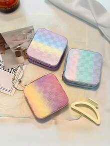1pc Portable Travel Mini Jewelry Box, Leather Jewelry Ring Storage Box, Gradient Color Grid Storage Box, Gift Box, Jewelry Box, Meets Daily Jewelry Storage And Travel Needs, Mini Storage Box Can Be Shared With Family, Convenient For Daily Use. - Multicolor - View 5