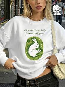 Relaxed Fit Cotton Crew Neck Sweatshirt With Green Rabbit Graphic And Letter Print For Young Adults, Breathable Casual Pullover - White - View 2