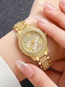JasonRolls 1/4/5pcs Metal Alloy Watch Band Women's Watch Set, Luxury Multi-Purpose, With Classic Three-Eye Diamond Dial Quartz Watch Bracelet Set, Suitable For Daily Wear Or As A Holiday Gift. - Gold - View 7