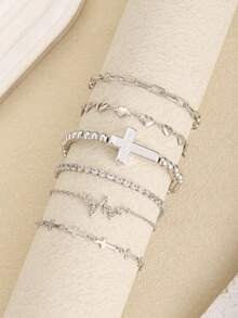6pcs/Set Elegant Copper Rhinestone Butterfly Women Silver Bracelet Set, Suitable For Daily Wear And Gifts - Silver 1469 - View 13