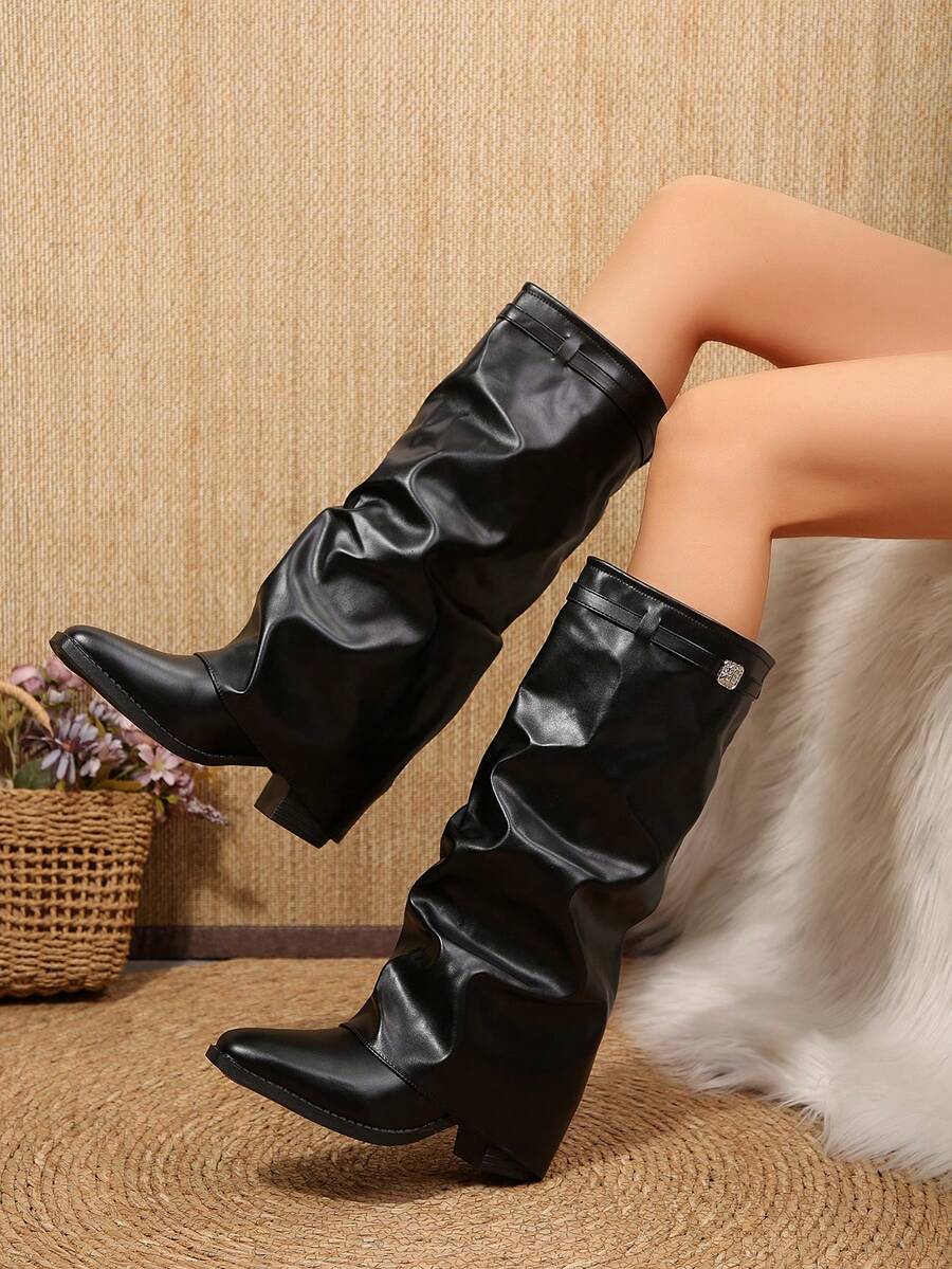 Women's Black Tall Boots, Vintage Chunky Heel Pointed Toe Pant Boots, Metal Buckle Ruched Stacked Boots, Suitable For Outdoor, Party, Music Festival - Black - View 1