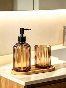 1 Set Soap Dispenser + Toothbrush Holder + Tray 3-In-1 Bathroom Set, Striped Glass Material, Bathroom Accessories Set, Refillable Lotion Dispenser Bottle, Bathroom Decor Accessories - Brown - View 6