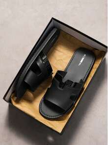 2026 Summer New Men's Versatile Crocodile Pattern Patchwork H-Shaped One-Strap Flat Casual Slide Sandals - Black - View 2