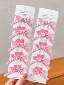 1pc Girls Cute Cherry Bow Plaid Hair Clip, Versatile Daily Hair Accessory - Multicolor - View 3
