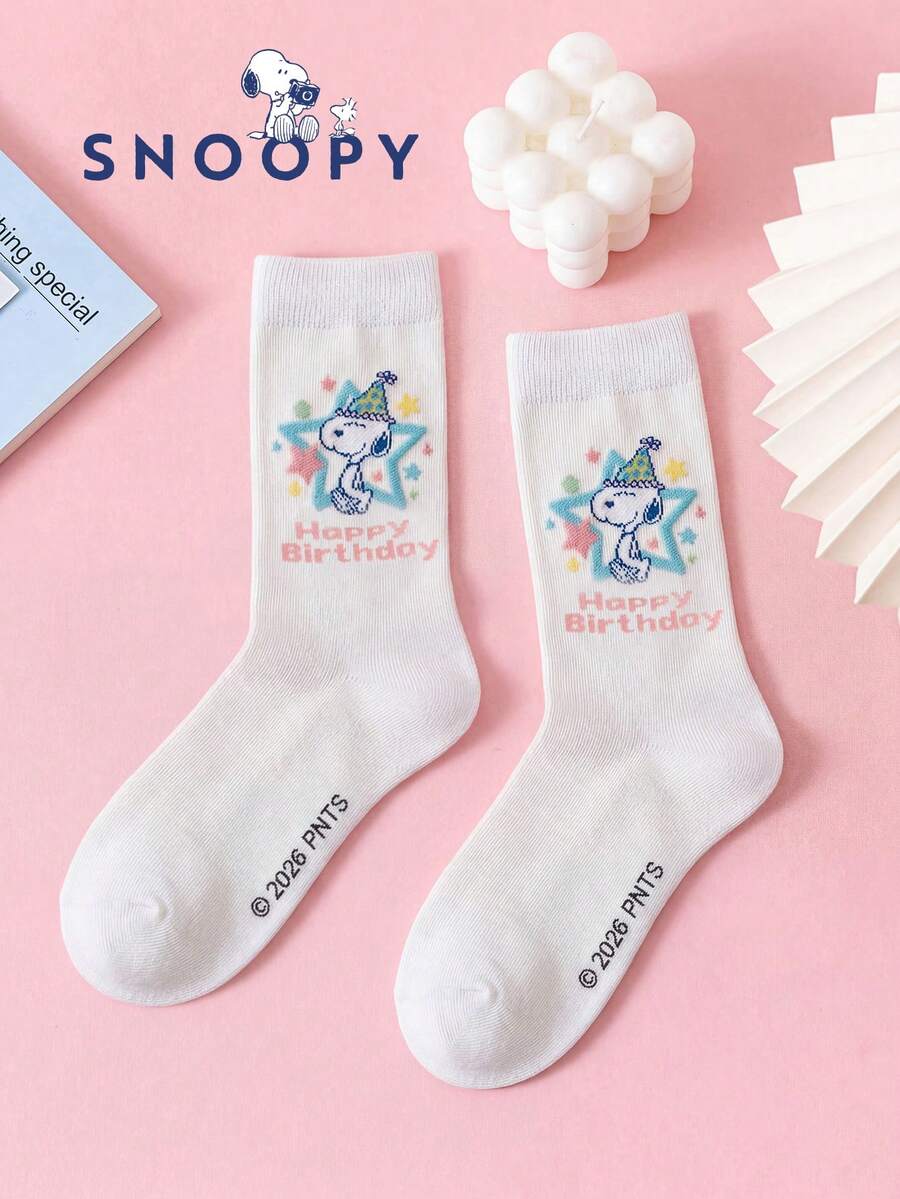 1 Pair Snoopy Women's White Mid-Calf Socks, Cute Cartoon Christmas Puppy Winter Socks - White - View 1