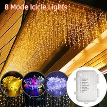 LED Icicle String Lights, Warm White/Cool White/Multicolor, 8 Lighting Modes, AA Battery Powered Fairy Lights, Home Room Bedroom Garden Street Fence Roof Window Hanging Decorative Lights, Wedding Party Background Decoration, Valentine's Day Halloween Christmas Atmosphere Decorative Lights - 8-mode AA Icicle Lights - View 3