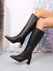 2025 Women's New Chunky High Heel Elastic Slimming Sock Boots Mid-Calf Ankle Boots - Black - View 3