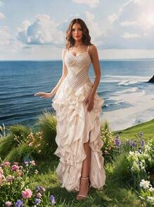 Elasola New Heavy Pearl & Rhinestone Embellished Apricot Sexy Sleeveless Backless Camisole 2-Piece Dress Set, Includes Ruffle Skirt Wedding Fall - Apricot - View 1