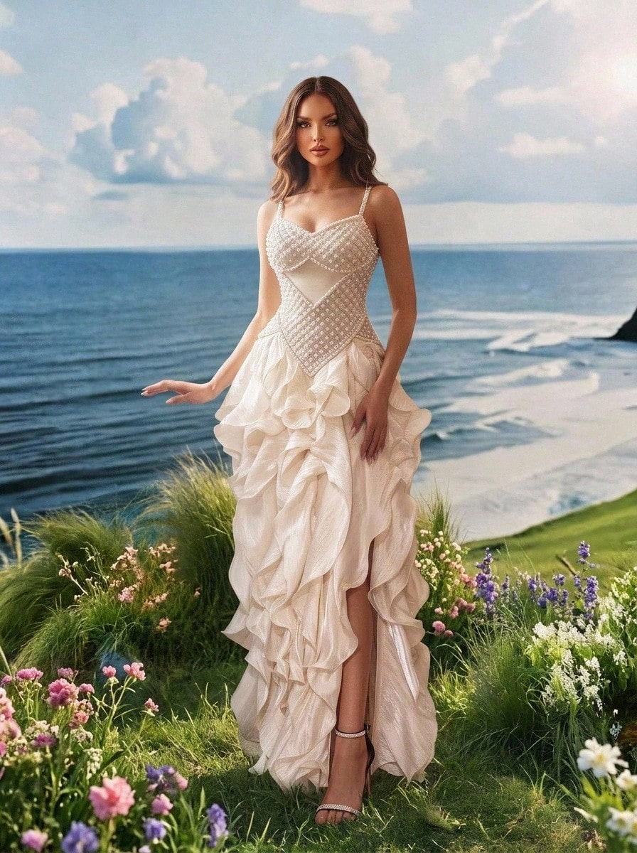 Elasola New Heavy Pearl & Rhinestone Embellished Apricot Sexy Sleeveless Backless Camisole 2-Piece Dress Set, Includes Ruffle Skirt Wedding Fall - Apricot - View 1