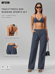 MFVIM Women's Solid Color Bra + Leggings 2 Pieces Set, Versatile Outdoor Running Sports Fitness Outfit - Dusty Blue - View 2