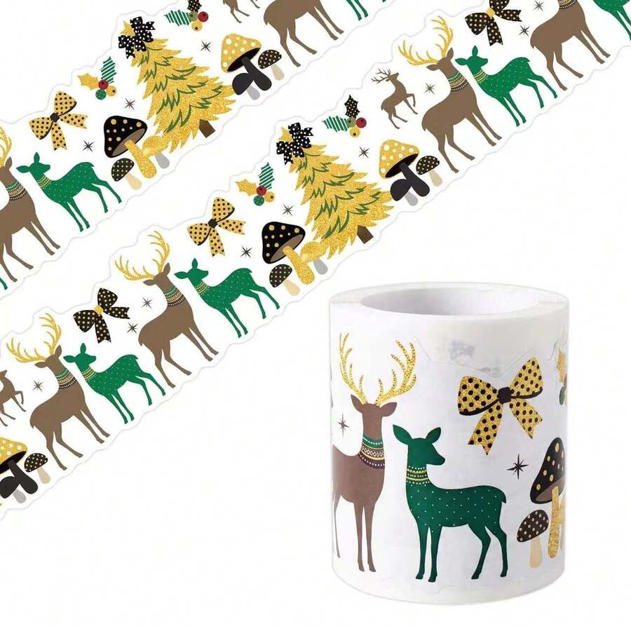 AFYPRTY 1 Roll Christmas Paper Sticker Vintage Reindeer Xmas Tree Bow Mushroom Pattern Holiday Decorative Stickers For Gift Wrapping Scrapbook Journal Party DIY Craft Embellishments - Style 1 - View 1
