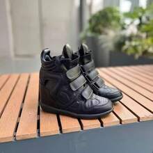 女款高筒內增高坡跟休閒運動鞋，秋冬日常女靴，時尚秋季靴子 - 黑色 - 查看 7